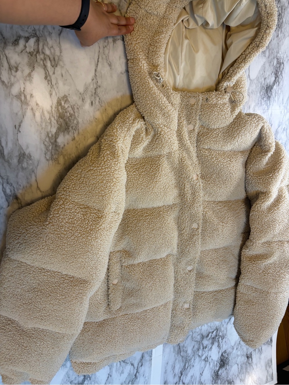 Good American  Cream Sherpa Puffer Jacket with Hood in size 2 - Picture 3 of 13